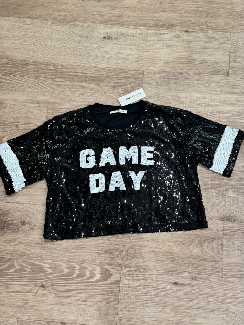 NWT Impressions Game Day Sequin Crop Top Black White Medium